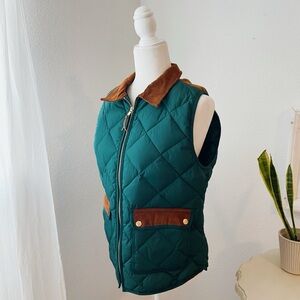 NWT J Crew Green Quilted Vest with Brown Accents Medium